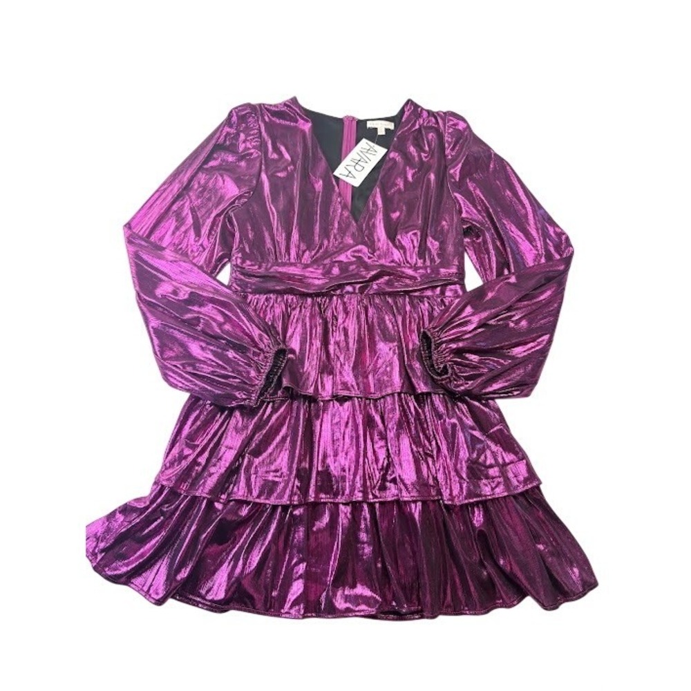 Flying Tomato Kai Dress Women Large Magenta Metallic Tiered New Ruffle Mini
